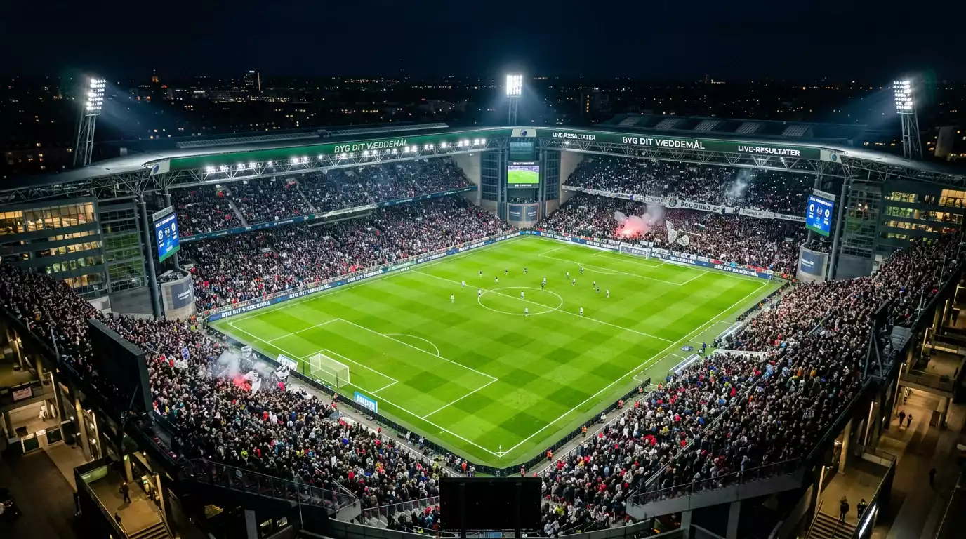 Fodboldstadion set oppefra med oplyst bane om aftenen