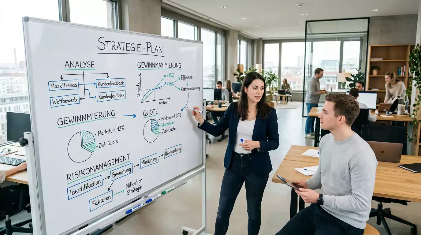 Strategiskema med pile og noter på et whiteboard