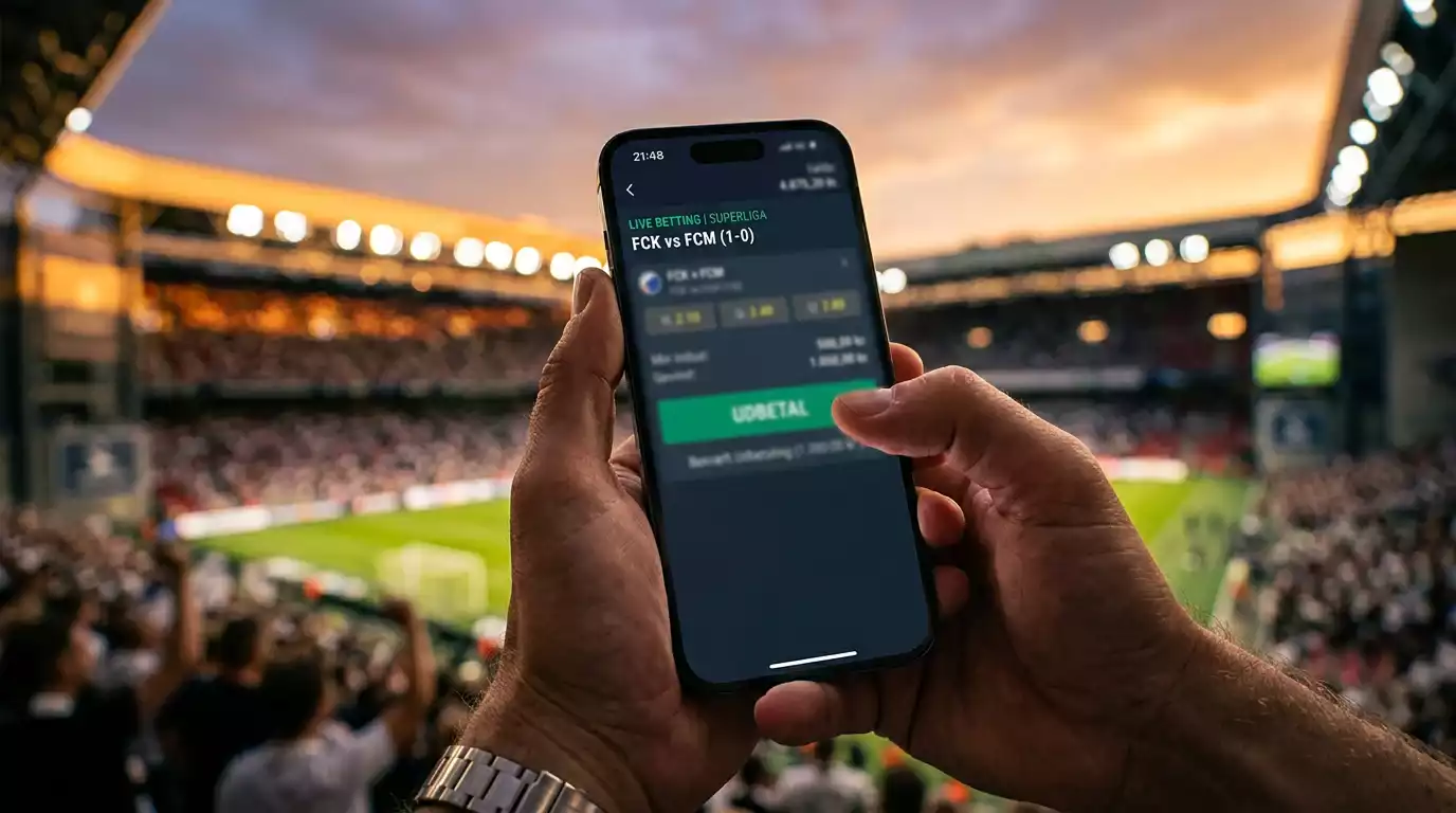 Mobiltelefon med sportsvæddemål på skærmen holdt i en hånd