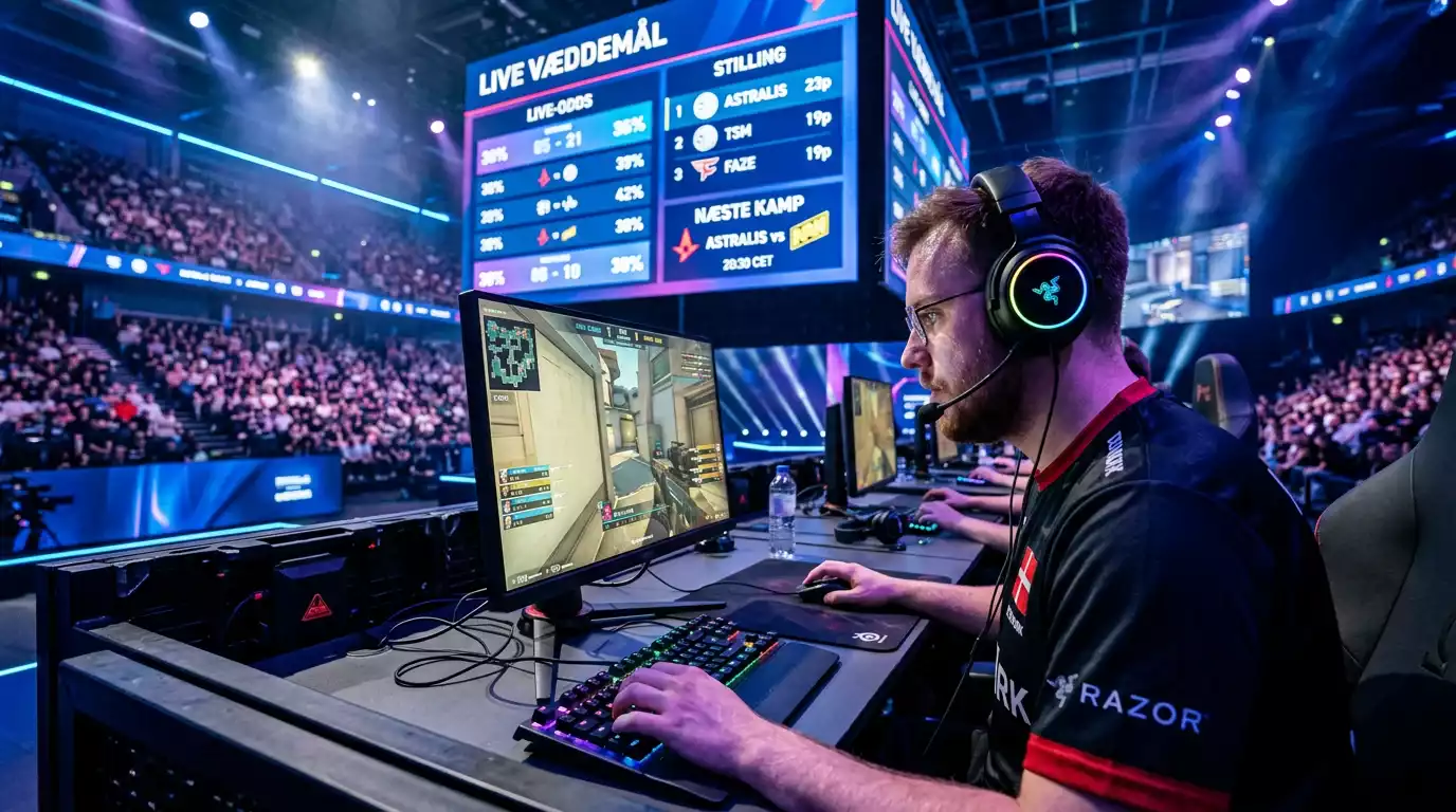 Esport-turnering med spillere foran computerskærme på en stor scene