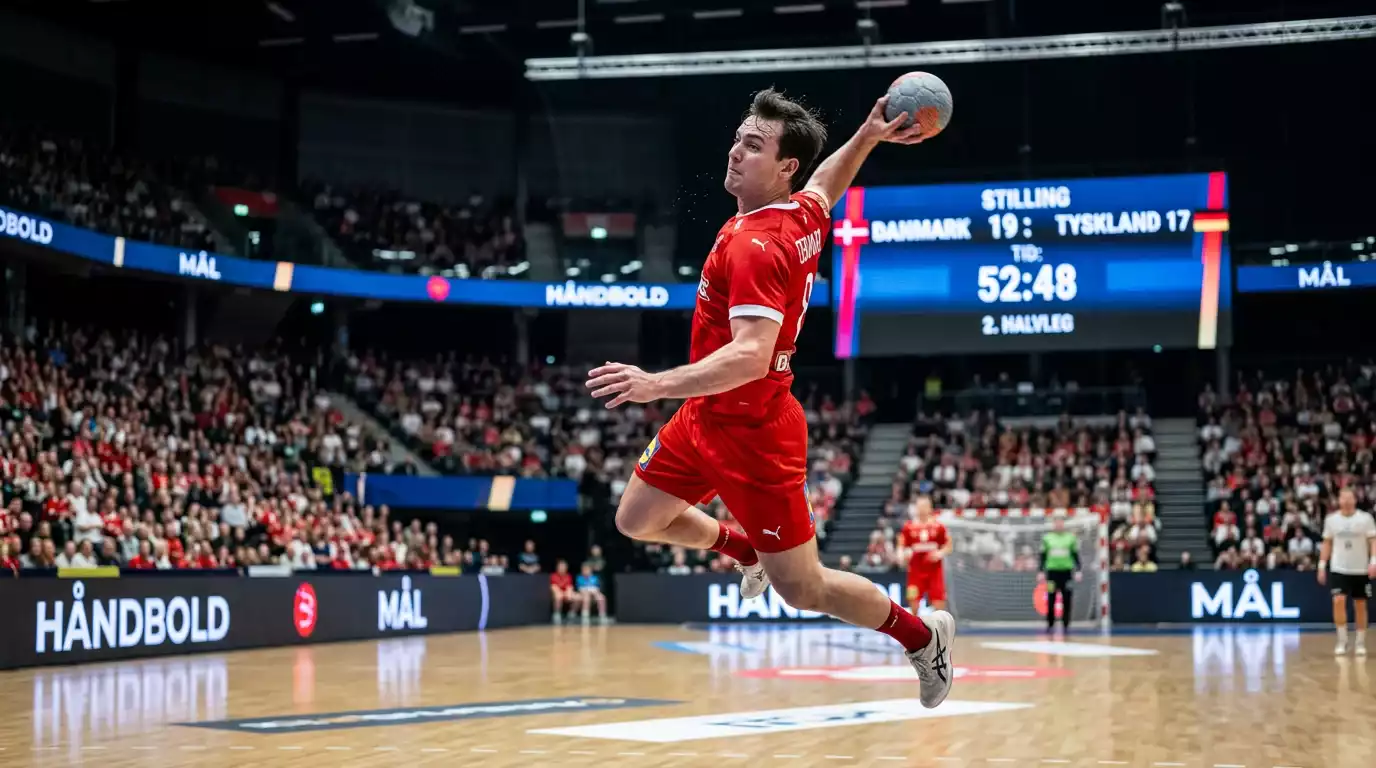 Håndboldspiller kaster bolden mod mål i en sportshal