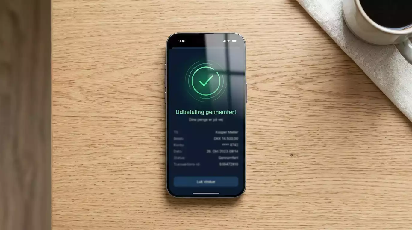 Smartphone med betalingsapp og bankoverførsel på skærmen