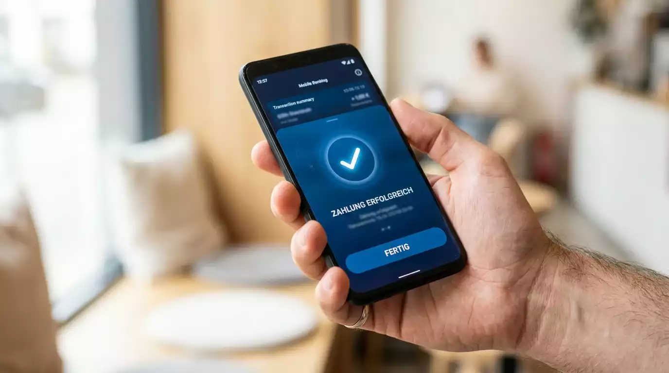 Smartphone med betalingsbekræftelse i blåt design