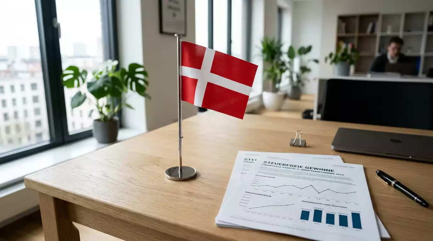 Dansk flag og dokumenter med tal på et skrivebord