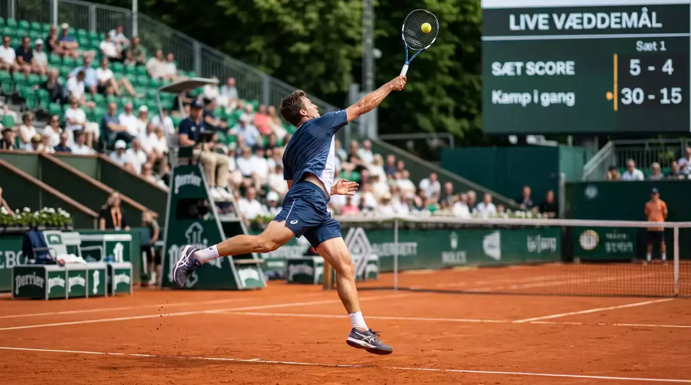 Tennisspiller slår en serve på en grustenningsbane