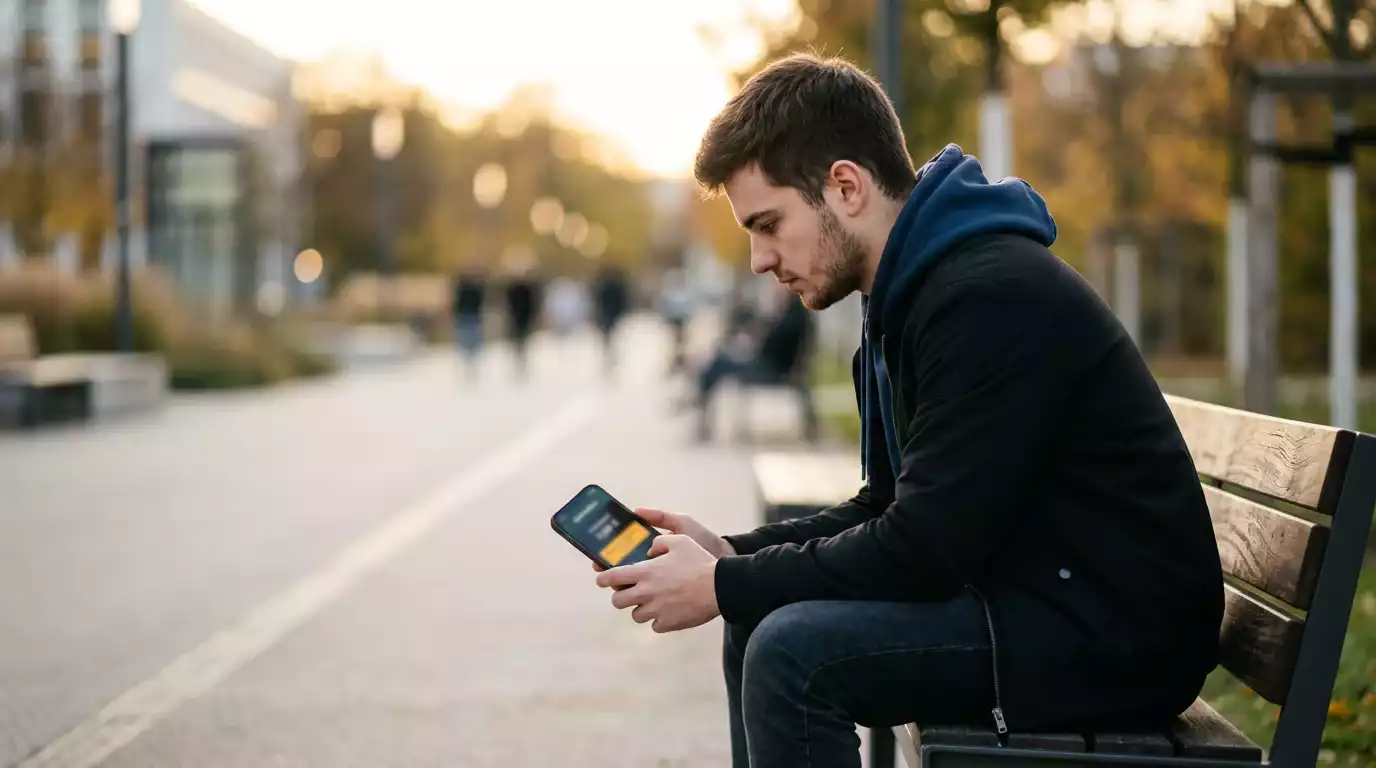Ung person sidder alene med en telefon i hånden